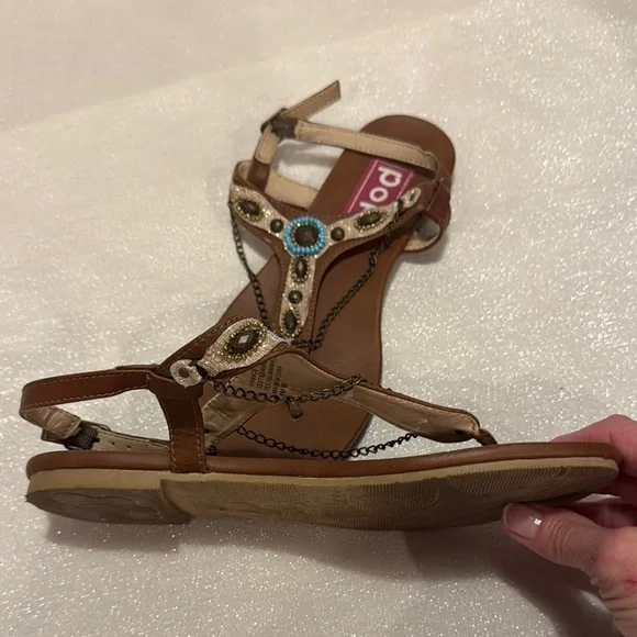 Pop Blue and Brown T-Strap Sandals with Turquoise Accents. Size 8 - Picture 3 of 5